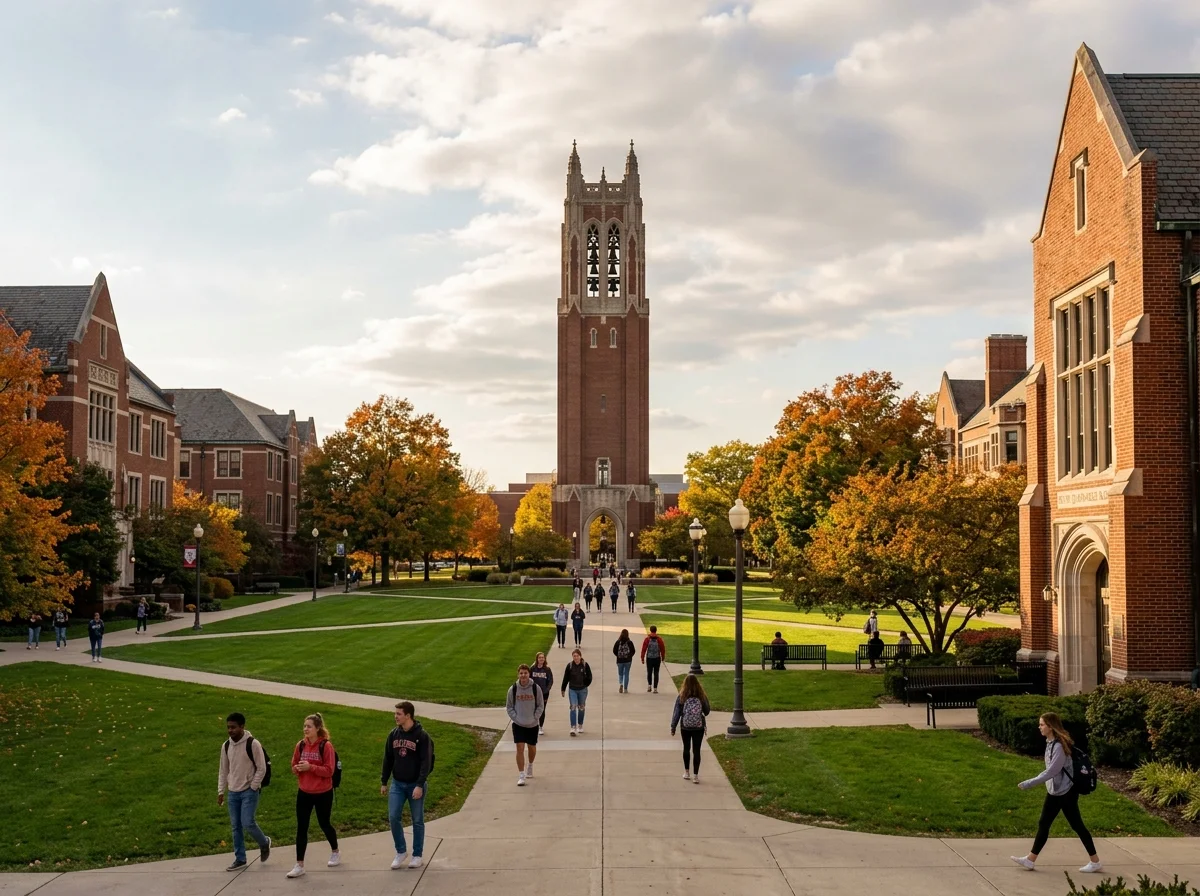 Ball State University campus in Muncie, Indiana, with Shafer Tower