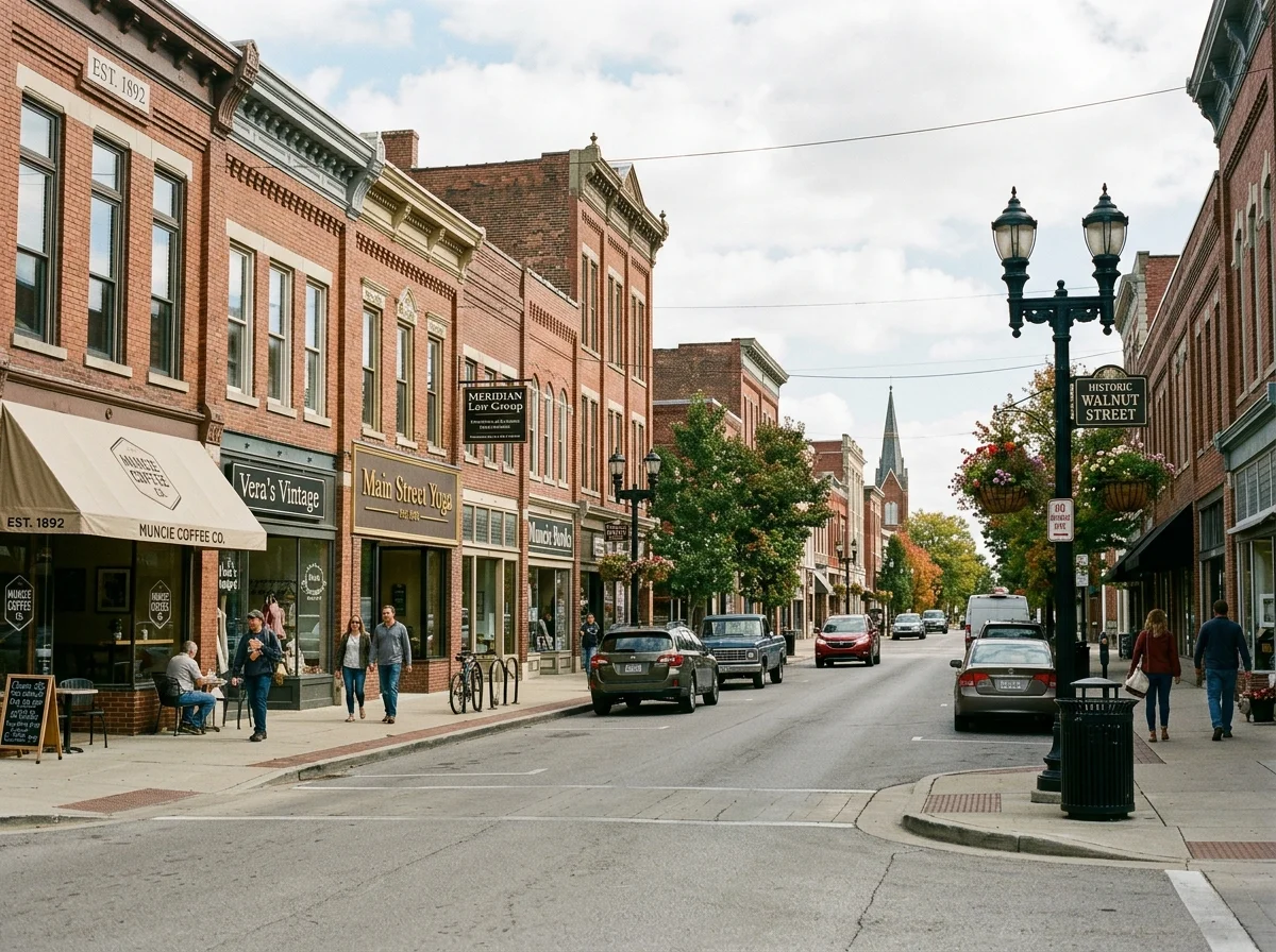Historic Walnut Street storefronts in downtown Muncie, Indiana